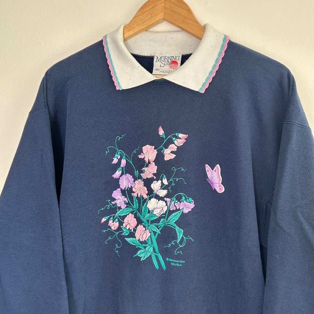 Vintage‎ 90s Morning Sun Sweatshirt Floral Butterfly Collared cottagecore - Picture 7 of 7